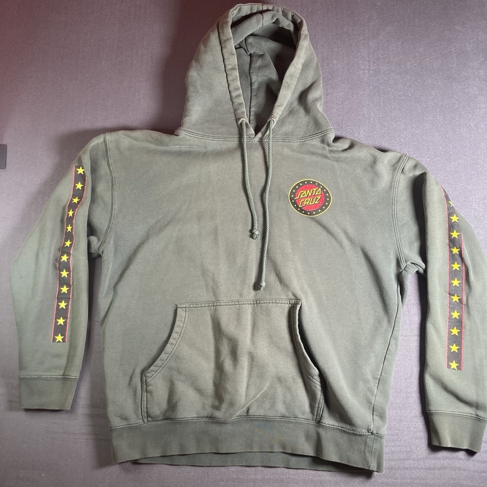 Santa Cruz Skateboard Pullover Hoodie Faded Army Green Star Sleeves Mens Size L